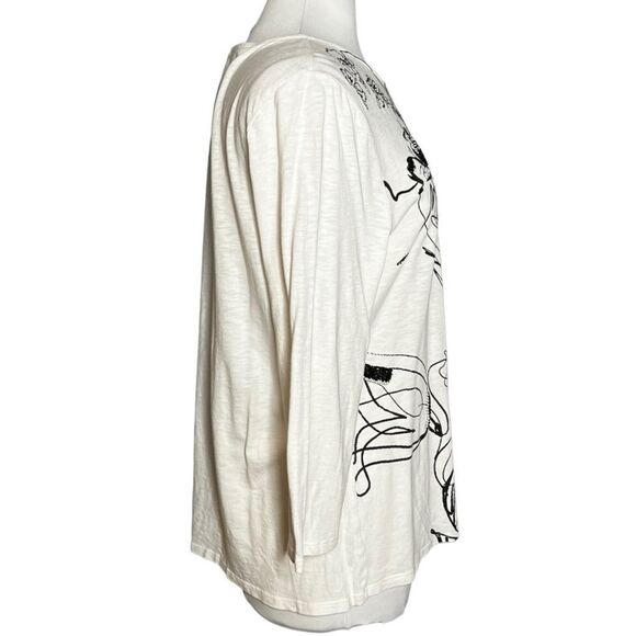 CHICO’S FLORAL Script-Print Seed Bead & Embroidery Embellished 3/4 Sleeve V-Neck - Picture 6 of 9